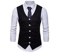 SHACE Herren Anzugweste - Herren V-Ausschnitt Mode Lässig Hochwertiges Leinen Einreiher Business Weste Hochzeit Groomsmen Weste Mit Taschen,Schwarz,L