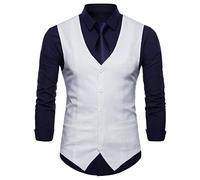 SHACE Herren Anzugweste - Herren V-Ausschnitt Mode Lässig Hochwertiges Leinen Einreiher Business Weste Hochzeit Groomsmen Weste Mit Taschen,Weiß,4XL