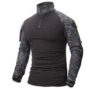 ShallGood Herren-Hemden, Kampf, Militär, Airsoft, BDU, Shirt, Outfit, Camouflage, Uniform, taktisch, schnell trocknend, mit Taschen, Ellbogenschützer, Langarm-Hemd, Multicam, A schwarz., XL