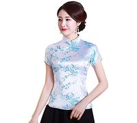 Shanghai Story Cheongsam Damen-Chino-Hemd mit kurzen Ärmeln, Blume himmelblau, 4X-Large