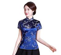 Shanghai Story Chinesisches Cheongsam-Hemd, kurzärmelig, China-Bluse für Damen, Blume/Blau, Klein
