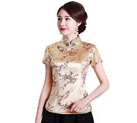 Shanghai Story Chinesisches Cheongsam-Hemd, kurzärmelig, China-Bluse für Damen, Blume Gold, X-Groß