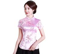 Shanghai Story Chinesisches Cheongsam-Hemd, kurzärmelig, China-Bluse für Damen, Blume/Pink, Mittel