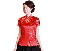 Shanghai Story Chinesisches Cheongsam-Hemd, kurzärmelig, China-Bluse für Damen, Blume/Rot, Mittel