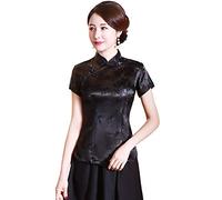 Shanghai Story Chinesisches Cheongsam-Hemd, kurzärmelig, China-Bluse für Damen, Blume/Schwarz, 3X-Groß