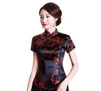 Shanghai Story Chinesisches Cheongsam-Hemd, kurzärmelig, China-Bluse für Damen, Blume, Schwarz, Rot, Groß