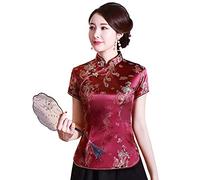 Shanghai Story Chinesisches Cheongsam-Hemd, kurzärmelig, China-Bluse für Damen, Rot/Ausflug, einfarbig (Getaway Solids), Groß