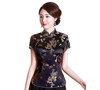 Shanghai Story Chinesisches Cheongsam-Hemd, kurzärmelig, China-Bluse für Damen, Schwarz, Mittel