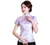 Shanghai Story Chinesisches Cheongsam-Hemd, kurzärmelig, China-Bluse für Damen, Violett (Blume), Mittel