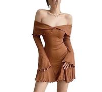 Women Knitting Dresses Long Sleeve Off Shoulder Solid Color Casual Party Spring Summer Dress Club Street Style-Coffee,S