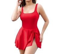 SHAPERIN Damen Badekleider Rückenfrei Einteiliger Bademode Bauchweg Badeanzug mit Röckchen Schwimmkleid Tummy Control Skirted Swimsuit, Rot, M