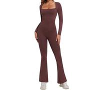 SHAPERIN Damen Flared Jumpsuit Shapewear Langarm Eckiger Ausschnitt Bodycon Jumpsuits Lang Overall Elegant Rompers Yoga Sport Braun-Langarm L