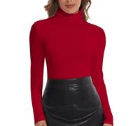 SHAPERIN Rollkragenshirt Damen Langarm Shirt Rollkragen Tops Oberteil mit Stehkragen für Frühling Herbst Long Sleeve Tshirt Rot L