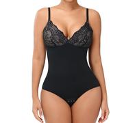 SHAPERIN Shapewear Damen Body Spitze Bauchweg Miederbody Formender Body Taillenformer Sexy V Ausschnitt Bodysuit Top, Schwarz, S