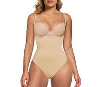 SHAPERX Open Bust Shapewear Damen Bauchweg Nahtlos Abnehmen Bodysuit Sculpting Body Shaper Tanga mit Verstellbarer Schultergurt, UK-SZ5315-Beige-S/M