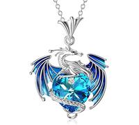 SHARRB Drachen Halskette Charm Liebe Geburtsstein Fliegender Drache Anhänger Halskette Elegant Damen Herz Kristall 1St (Color : Bule)