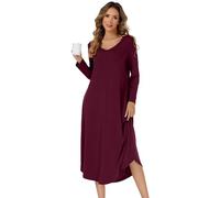 SHCNSJC Nachthemd Damen lang V-Ausschnitt Langarm Nachthemd für Damen Winter Nachtkleid langes Schlafhemd mit Taschen,Weinrot,XXL