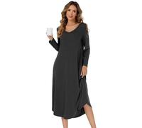 SHCNSJC Nachthemd Damen lang V-Ausschnitt Langarm Nachthemd für Damen Winter Nachtkleid langes Schlafhemd mit Taschen,Dunkelgrau,S