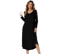 SHCNSJC Nachthemd Damen lang V-Ausschnitt Langarm Nachthemd für Damen Winter Nachtkleid langes Schlafhemd mit Taschen,Schwarz,M