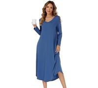 SHCNSJC Nachthemd Damen lang V-Ausschnitt Langarm Nachthemd für Damen Winter Nachtkleid langes Schlafhemd mit Taschen,Blau,L