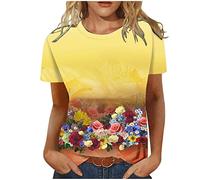 SHE.White Kurzarm Shirt Damen Cartoon Damen Bluse Top Damen Bauchfrei Longshirt Damen Combat Shirt Lange Blusen Damen Longshirt Damen Kurzarm Tankini Damen Bauchweg(Gelb, XL)