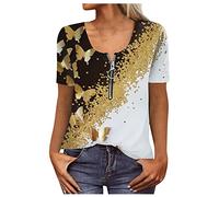 SHE.White T-Shirt Damen Sommer Bluse Kurzarm Damen Top Damen Schwarz Tactical Shirt Oversize Tshirt Damenblusen Sommer Strickpullover Damen Strickjacke Damen(2-Gold, XXL)