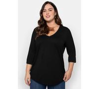 3/4-Arm-Shirt SHEEGO "3/4-Arm-Shirt", Damen, Gr. 44/46, schwarz, 50% Baumwolle, 50% Modal, unifarben, V-Ausschnitt, Shirts 3/4-Arm-Shirt (22278360-44) schwarz
