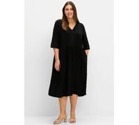 Sommerkleid SHEEGO "Große Größen", Damen, Gr. 42, Normalgrößen, schwarz, Obermaterial: 100% Viskose (LENZING ECOVERO), unifarben, feminin, figurumspielend wadenlang, V-Ausschnitt, 3/4-Ärmel, Kleider,