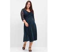 Abendkleid SHEEGO "Abendkleid", Damen, Gr. 50, Normalgrößen, blau (nachtblau), 95% Polyester, 5% Elasthan, Spitze:100% Polyamid, unifarben, wadenlang, V-Ausschnitt, Kleider Abendkleid (96361912-50) na