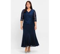 Abendkleid SHEEGO "Abendkleid", Damen, Gr. 44, Normalgrößen, blau (marine), 100% Polyester, unifarben, lang, V-Ausschnitt, Kleider Abendkleid (46454235-44) marine