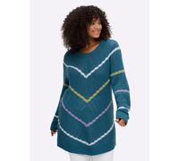 Rundhalspullover SHEEGO "Pullover", Damen, Gr. 44/46, topas, gemustert, 80% Polyacryl, 20% Baumwolle, gemustert, gestreift, mehrfarbig, Pullover Rundhalspullover (48799938-44) topas, gemustert