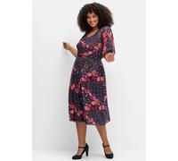 Sommerkleid SHEEGO BY JOE BROWNS "Mesh-Kleid", Damen, Gr. 44, Normalgrößen, blau (blau gemustert), 92% Polyester, 8% Elasthan, bedruckt, gemustert, mehrfarbig, wadenlang, V-Ausschnitt, Kleider Sommerk