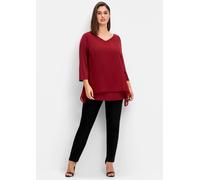 3/4-Arm-Shirt SHEEGO "3/4-Arm-Shirt", Damen, Gr. 52/54, rot (rubinrot), 95% Viskose, 5% Elasthan, Chiffon:100% Polyester, unifarben, V-Ausschnitt, Shirts 3/4-Arm-Shirt (18008262-52) rubinrot