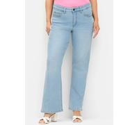 Bootcut-Jeans SHEEGO "Große Größen", Damen, Gr. 56, Normalgrößen, blau (light blau denim), Obermaterial: 98% Baumwolle, 2% Elasthan, unifarben, casual, lang, Jeans, mit Used-Effekten, extralang (97011