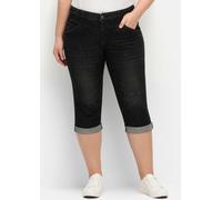 3/4-Jeans SHEEGO "Große Größen", Damen, Gr. 50, Normalgrößen, schwarz (schwarz denim), Obermaterial: 98% Baumwolle, 2% Elasthan, unifarben, casual, 3/4-Länge, Jeans, "Die Schmale" mit Used-Effekten (6