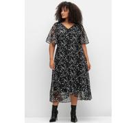 Sheego Chiffonkleid mit Blumendruck und Volant am Saum 50 schwarz-weiß gemustert