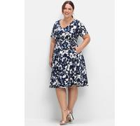 Cocktailkleid SHEEGO "Abendkleid", Damen, Gr. 48, Normalgrößen, blau (marine, gemustert), 97% Baumwolle, 3% Elasthan, geblümt, gemustert, mehrfarbig, knielang, V-Ausschnitt, Kleider (59503135-48) mari