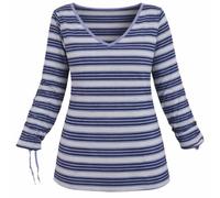 Sheego Damen Große Größen Longshirt mit Ringeln und Raffung am Ärmel Freizeitmode sportlich V-Ausschnitt -