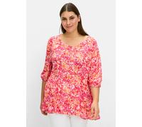 Crêpe-Bluse mit Blumendruck und Volant am Saum, pink gemustert, Gr.40
