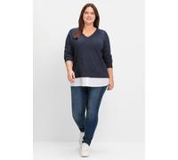 Sheego Feinstrickpullover mit Blusen-Einsatz am Saum 48/50 tiefblau-meliert