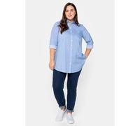 Longbluse SHEEGO "Große Größen", Damen, Gr. 52, blau (mittelblau), Obermaterial: 70% Baumwolle, 27% Polyamid, 3% Elasthan, gestreift, feminin, figurumspielend lang, Langarm, Blusen, mit gerundetem Sau