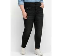 Stretch-Jeans SHEEGO "Große Größen", Damen, Gr. 48, Normalgrößen, schwarz (schwarz denim), Obermaterial: 99% Baumwolle, 1% Elasthan, unifarben, casual, figurbetont lang, Jeans, mit breitem High-Waist-