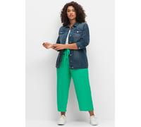 Jeansjacke SHEEGO "Große Größen", Damen, Gr. 44, blau (blau denim), Obermaterial: 98% Baumwolle, 2% Elasthan, unifarben, casual, figurbetont normal, Langarm, Jacken, in längerer, taillierter Form (194