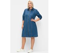 Jeanskleid SHEEGO "Große Größen", Damen, Gr. 52, Normalgrößen, blau (blau denim), Obermaterial: 98% Baumwolle, 2% Elasthan, unifarben, casual, figurumspielend knieumspielend, ohne Ausschnitt, Langarm,
