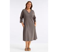 Jerseykleid SHEEGO "Kleid", Damen, Gr. 56, Normalgrößen, dunkeltaupe, Jersey, 70% Viskose, 25% Polyamid, 5% Elasthan, unifarben, knielang, V-Ausschnitt, Kleider Jerseykleid (47259802-56) dunkeltaupe