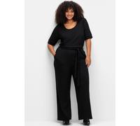 Sheego Jumpsuit mit weitem Bein und Bindegürtel 46 schwarz