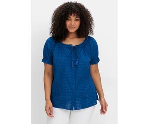 Sheego Kurzarm-Bluse mit Lochstickerei und Carmen-Ausschnitt 56 blaubeere