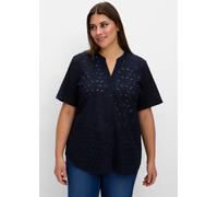 Kurzarmbluse SHEEGO, Damen, Gr. 40, blau (tiefblau), 100% Baumwolle, unifarben, V-Ausschnitt, Blusen (36578723-40) tiefblau