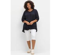 Kurzarmbluse SHEEGO "Große Größen", Damen, Gr. 42, blau (tiefblau), Obermaterial: 100% Viskose, unifarben, feminin, figurumspielend lang, 3/4-Ärmel, Blusen, aus Crêpe, mit Volants am Saum (97611711-42