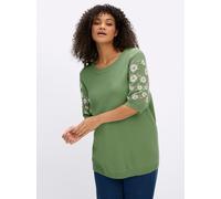 Sheego Kurzarmpullover mit Blumenstickereien 48/50 eucalyptus-ecru
